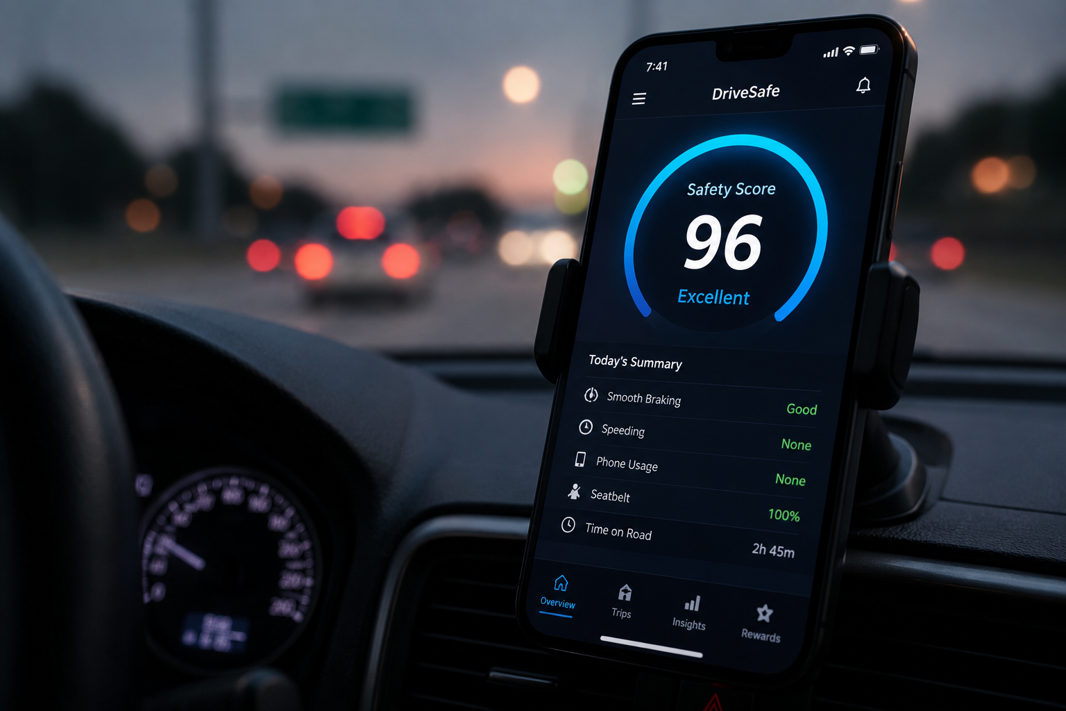 Phone mounted on dashboard showing the DriveSafe app with a Safety Score of 96